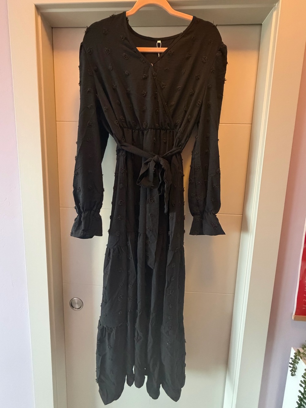 Women's Long Sleeve V-Neck Wrap Tie Swiss Dot Maxi Dress